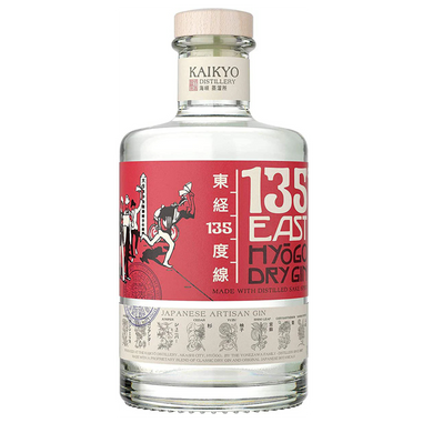 Image of a sleek bottle of 135Â° East Hyogo Dry Gin, featuring a minimalist design with Japanese-inspired artwork and branding, placed on a wooden surface with hints of botanicals and citrus ingredients scattered around.