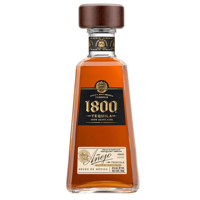 Image of a bottle of 1800 AÃ±ejo Tequila, showcasing its sleek design, amber-colored liquid, and the label highlighting its aged quality. The bottle is elegantly lit, emphasizing its premium craftsmanship and refined appearance.