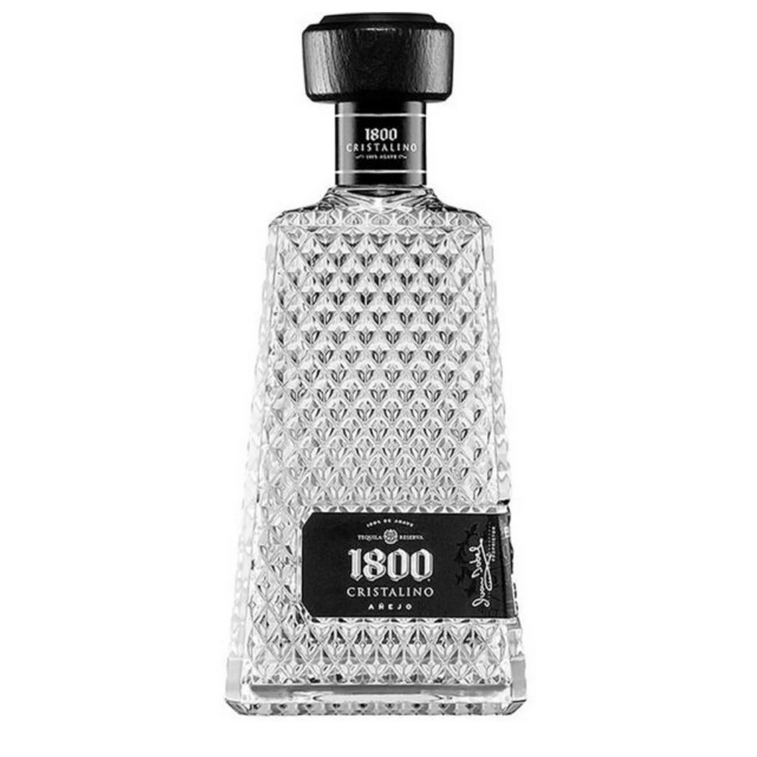 A sleek bottle of 1800 Cristalino Añejo Tequila with a clear, elegant design, featuring premium craftsmanship and rich, smooth tequila inside.