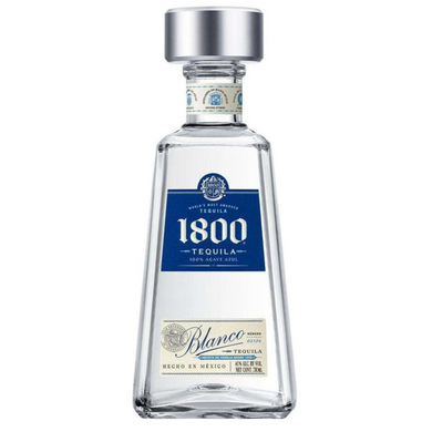 A sleek bottle of 1800 Blanco Tequila with a crystal-clear liquid, highlighted against a neutral background, showcasing its premium quality and refined design.