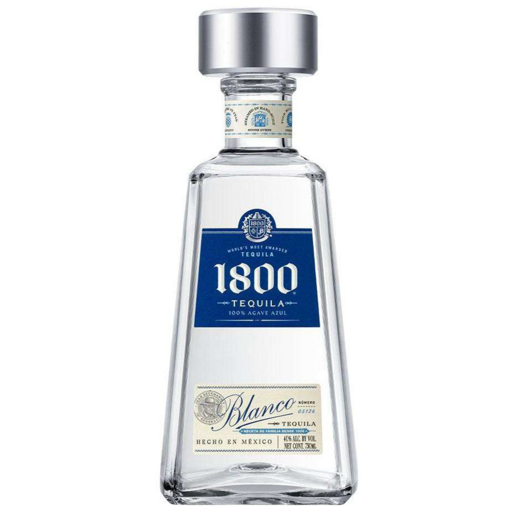 A sleek bottle of 1800 Blanco Tequila with a crystal-clear liquid, highlighted against a neutral background, showcasing its premium quality and refined design.