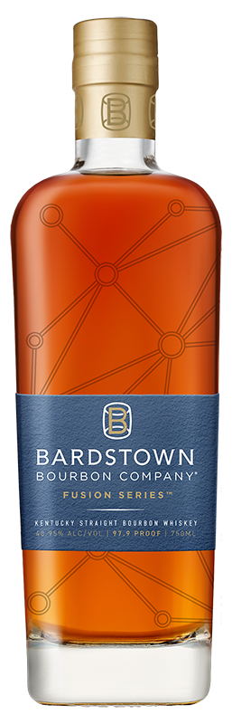 Bardstown Bourbon Company Fusion Series No. 6 bottle displayed on a wooden surface, surrounded by rich amber tones, highlighting its premium blend of bourbon.