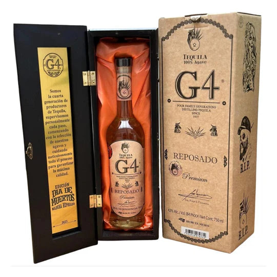 Celebrate tradition with G4 Tequila Reposado de Madera Día de Muertos Limited Edition. Bold flavors, smooth finish—crafted to perfection. Limited availability!  