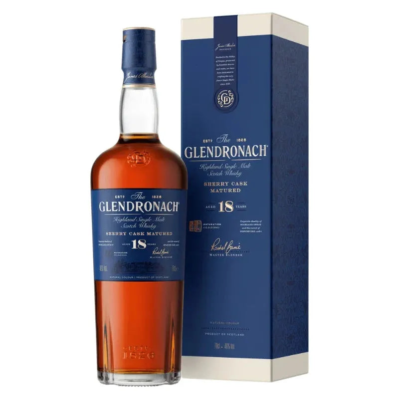 Discover The GlenDronach 18-Year-Old, aged in Oloroso & Pedro Ximénez casks. Enjoy its bold notes of dark fruits, toffee, and spice. Perfect for discerning palates.