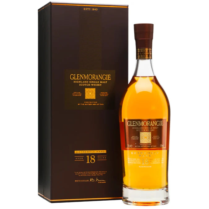 Indulge in the luxurious Glenmorangie 18 Year Old single malt. Aged to perfection, it offers rich notes of dried fruit, honey, and spice. Taste the art of whisky-making.  