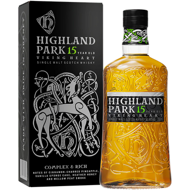 Discover Highland Park 15 Year Old Viking Heart. A beautifully balanced single malt Scotch with rich sherry notes, subtle peat, and a touch of Nordic heritage. 