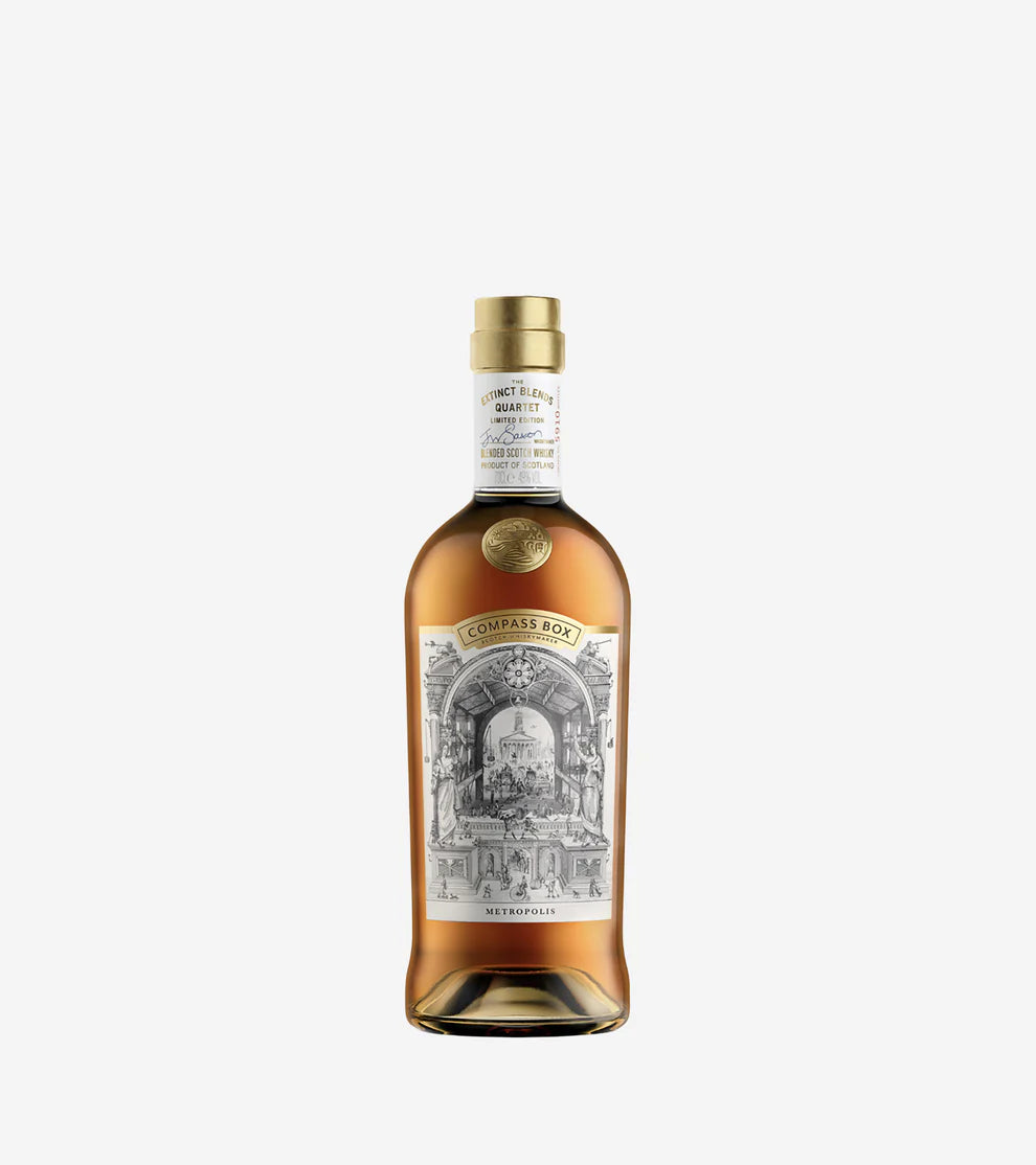 Discover Compass Box The Extinct Blends Quartet Metropolis—a limited-edition Scotch whisky blend celebrating the art of blending with rich fruit, warm spices, and malty elegance.