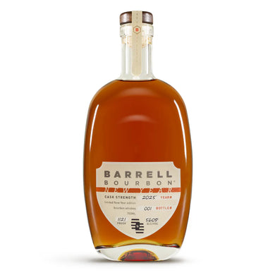 Barrell Bourbon New Year 2025 bottle with a sleek label design, featuring warm amber bourbon inside, set against a clean background, emphasizing its premium quality and seasonal celebration appeal.