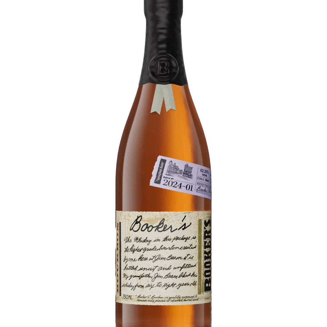 Booker's Small Batch 2024-01 The Springfield Batch whiskey bottle featuring a wooden cap, embossed label, and rich amber liquid, placed against a rustic background.