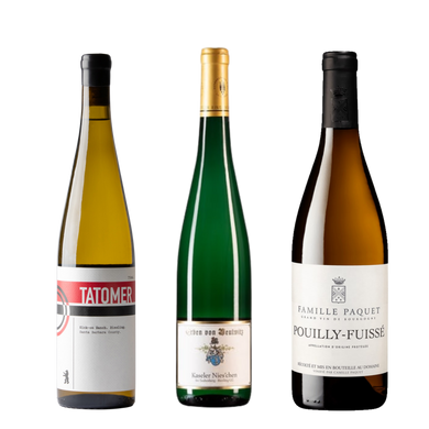 Elevate your white wine experience with the Taster's Club White Wine Bundle featuring Tatomer Riesling 2020, Von Beulwitz Riesling Kabinett 2018, and Famille Paquet Pouilly-Fuissé 2019. A curated selection of premium wines!