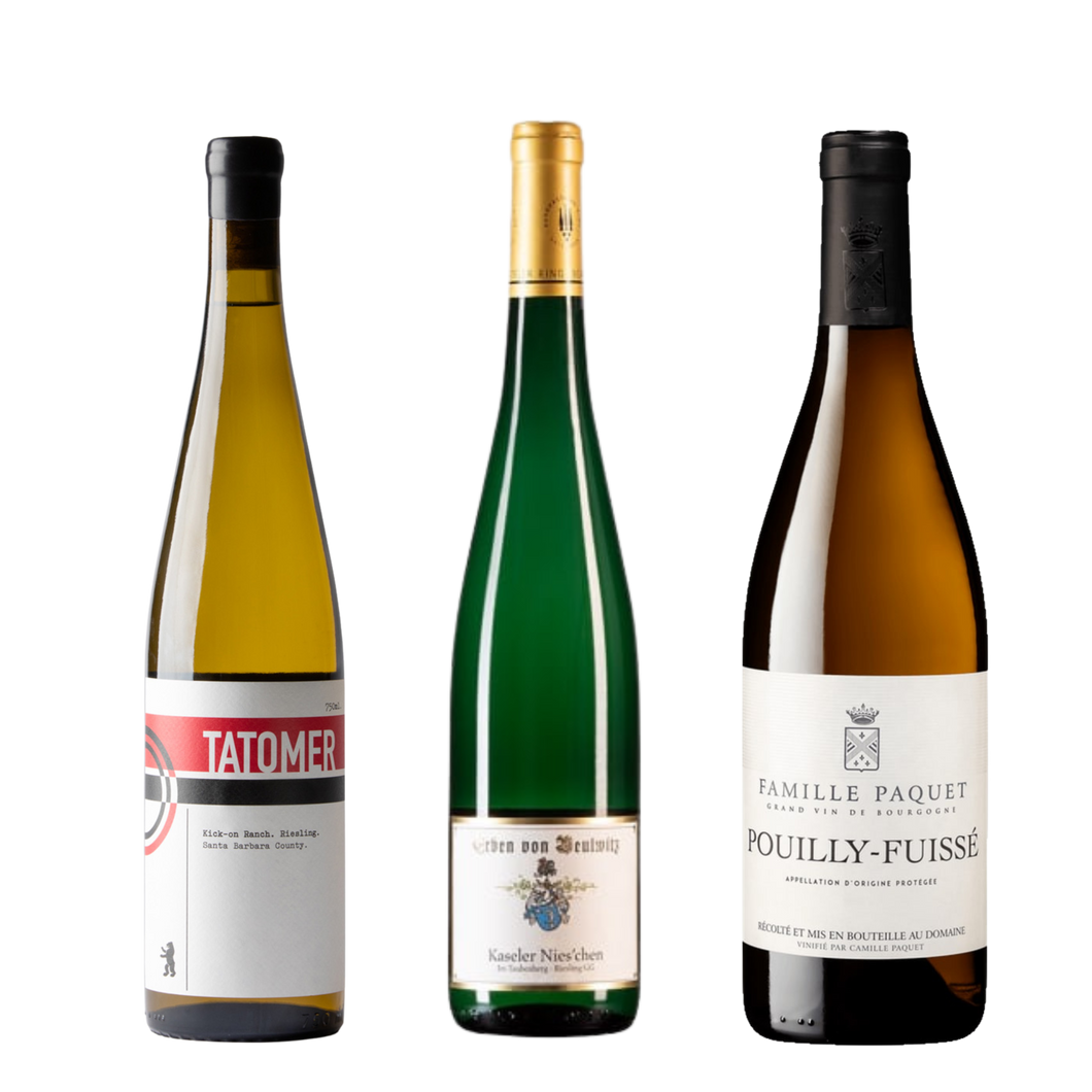 Elevate your white wine experience with the Taster's Club White Wine Bundle featuring Tatomer Riesling 2020, Von Beulwitz Riesling Kabinett 2018, and Famille Paquet Pouilly-Fuissé 2019. A curated selection of premium wines!