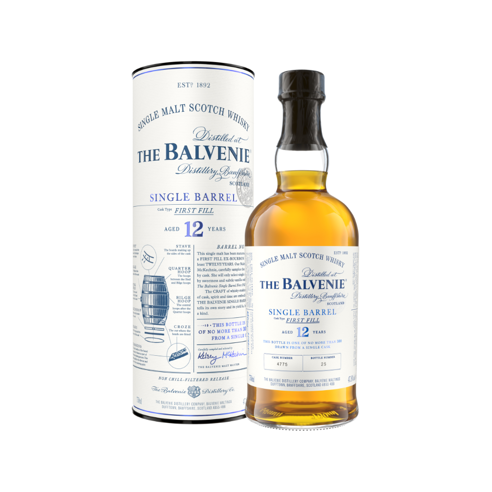 Experience the unique flavors of The Balvenie Single Barrel 12. Aged in American oak barrels, each bottle is a rare masterpiece of honey, vanilla, and oak. Perfect for collectors and whisky lovers.