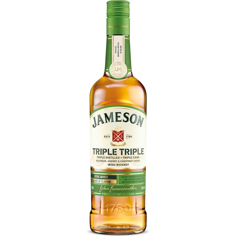 Discover Jameson Triple Triple Irish Whiskey, triple-distilled and aged in three casks for a smooth, flavorful taste. Perfect for sipping or cocktails. Try it today! 