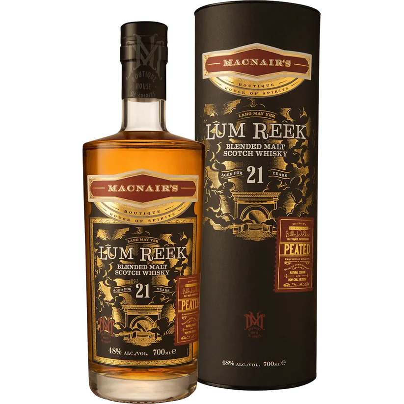 Discover Macnair's Lum Reek Peated Blended Malt 21 Year—an expertly crafted whisky offering elegant notes of peat smoke, dried fruits, and oak. A true connoisseur's delight.