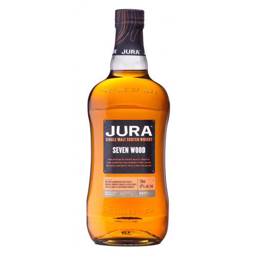 Discover Jura Seven Wood, a unique single malt Scotch whisky aged in seven different casks. Explore its layers of rich chocolate, spice, and tropical fruits.