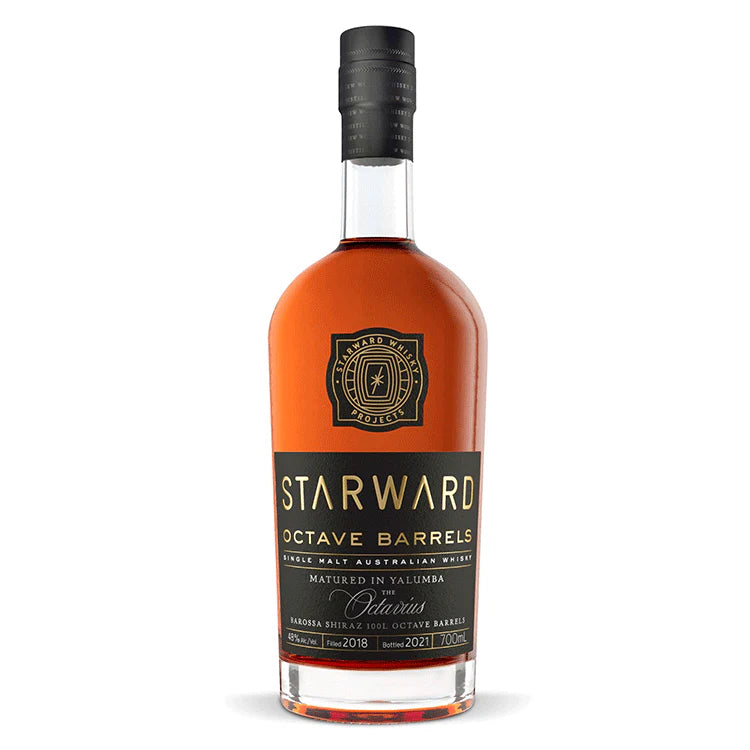 Indulge in Starward Australian Single Malt Octave Barrel, matured in Yalumba fortified wine barrels. Rich notes of dried fruit, toffee & chocolate. Perfect for whisky lovers.  