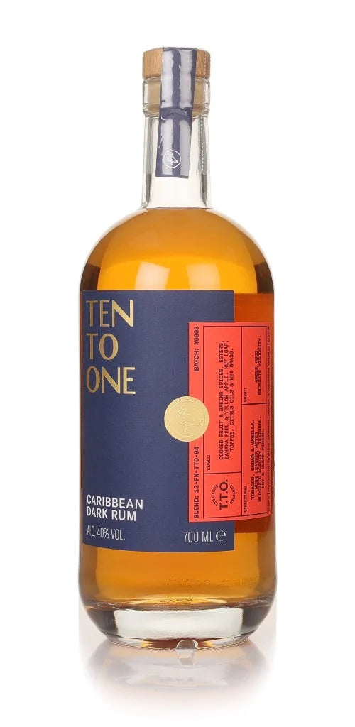 Experience the artistry of Ten To One Caribbean Dark Rum, a sugar-free blend with bold notes of spice and toffee. Perfect for sipping or cocktails.