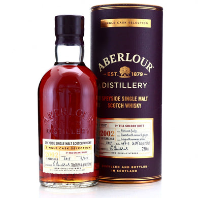 A bottle of Aberlour 2002 Single Sherry Cask 18 Year Old whisky, elegantly displayed with rich amber liquid visible, alongside a wooden box showcasing its label and vintage details.