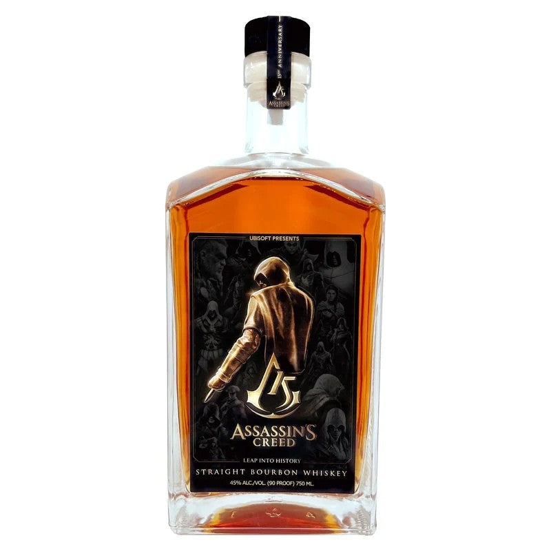 Assassin's Creed Straight Bourbon Whiskey bottle featuring a sleek black label with the Assassin's Creed logo, set against a rustic wooden background, accompanied by a glass of whiskey with ice and an Assassin's Creed-themed coaster.