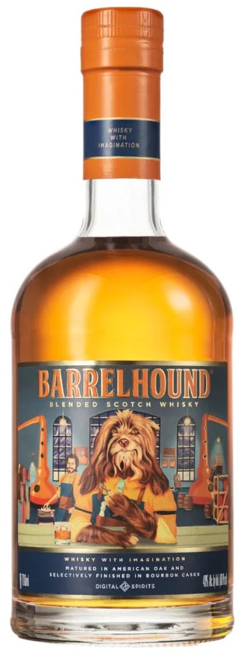 A bottle of Barrelhound Blended Scotch Whisky placed on a wooden table, surrounded by two whiskey glasses and accented with warm, golden lighting to highlight its amber hue and rustic label.